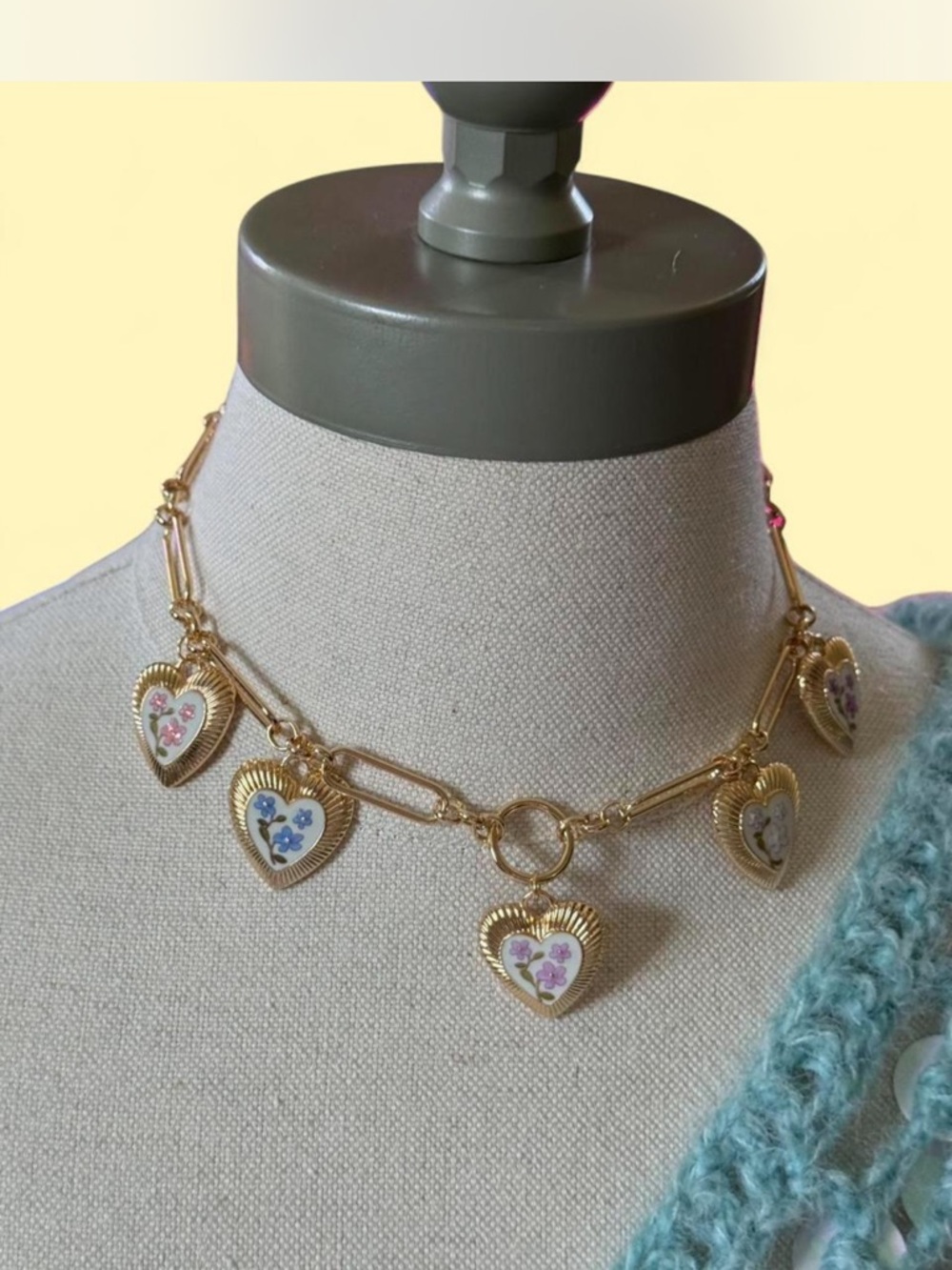 Francesca's Collections Gold Link Necklace with Pastel Floral Heart Charms - Picture 3 of 5